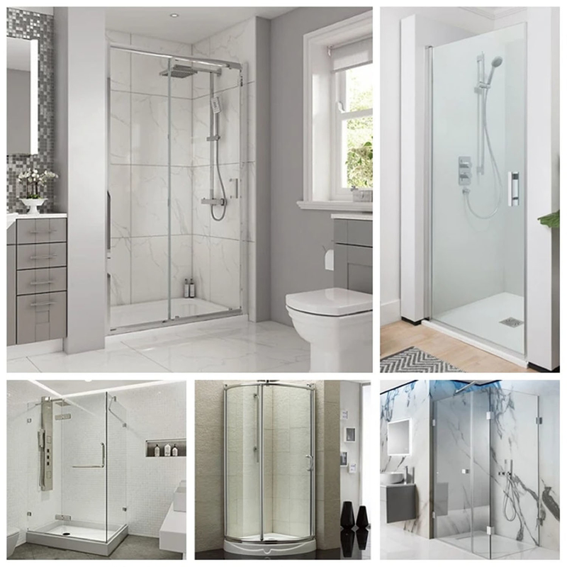 Salle de douche de la villa avec cadre de porte d'angle en verre texturé et boîtier en acrylique en verre plexi