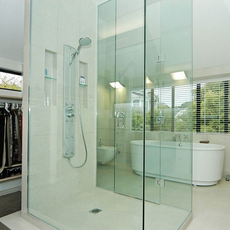 Salle de douche en acier inoxydable semi-ronde avec porte pivotante et bord plat poli